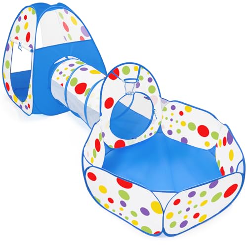 MAIKEHIGH Tienda Campaña Infantil, 3 en 1 Plegable Pop-up Piscina de Bolas con Tunel para Regalo de Cumpleaños para Niños Niñas en el Exterior Azul (Pelota No Incluida)